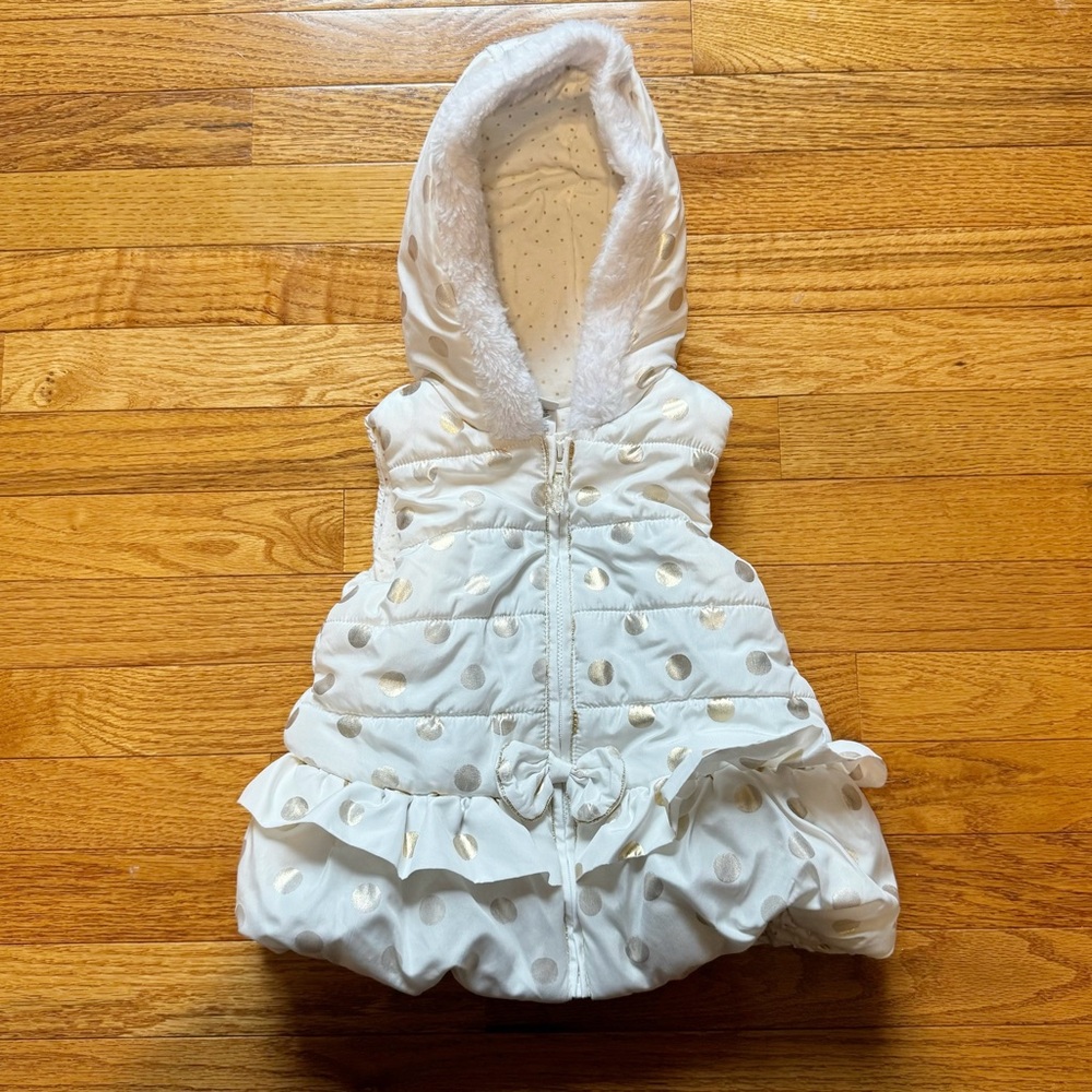 Little Me White and Gold Polka Dot Puffer Vest with Faux Fur Hood